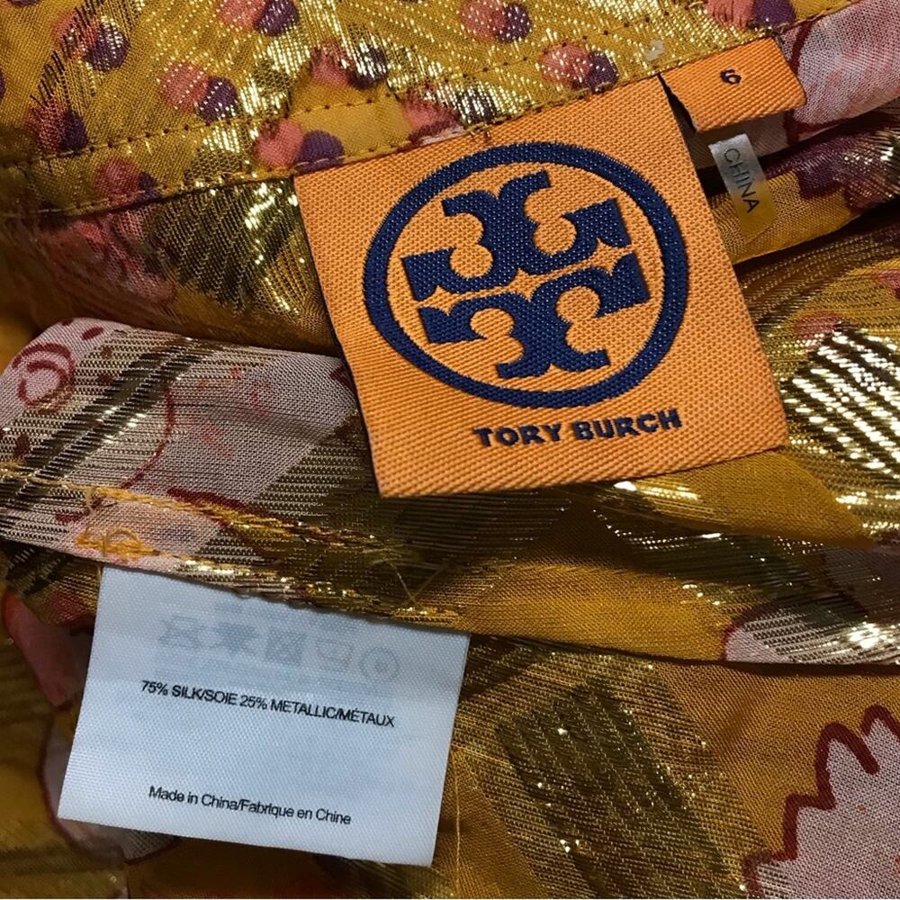 Tory Burch Metallic Silk Gold Orange Yellow Long Flutter Sleeve Tunic Blouse 6 - Picture 13 of 13